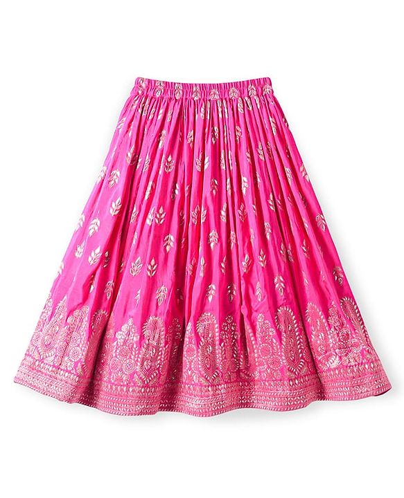 Babyhug Woven Frill Sleeves Brocade Choli Lehenga & Dupatta Set with Tassle Detailing - Dark Pink
