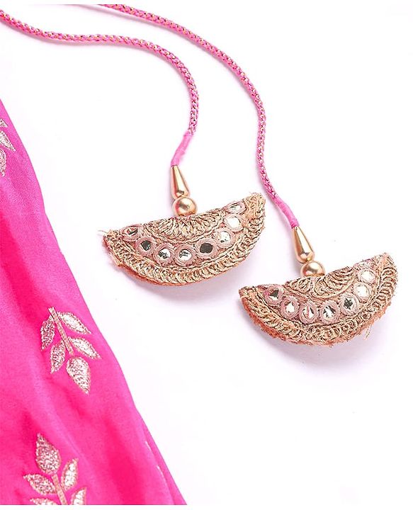 Babyhug Woven Frill Sleeves Brocade Choli Lehenga & Dupatta Set with Tassle Detailing - Dark Pink