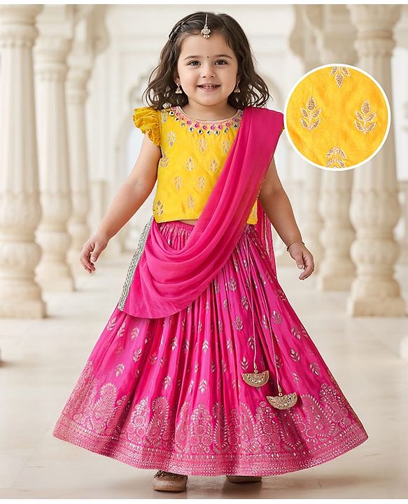 Babyhug Woven Frill Sleeves Brocade Choli Lehenga & Dupatta Set with Tassle Detailing - Dark Pink