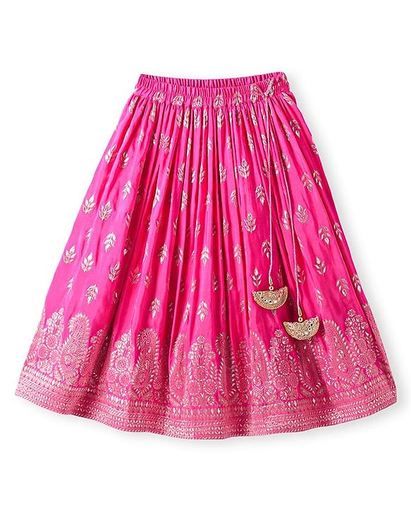 Babyhug Woven Frill Sleeves Brocade Choli Lehenga & Dupatta Set with Tassle Detailing - Dark Pink