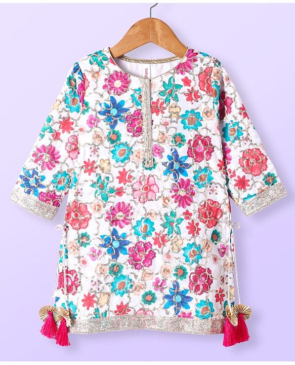 Babyhug Woven Three Fourth  Sleeves Floral Printed Kurta Gharara Set with Dupatta & Lace Detailing - Dark Pink