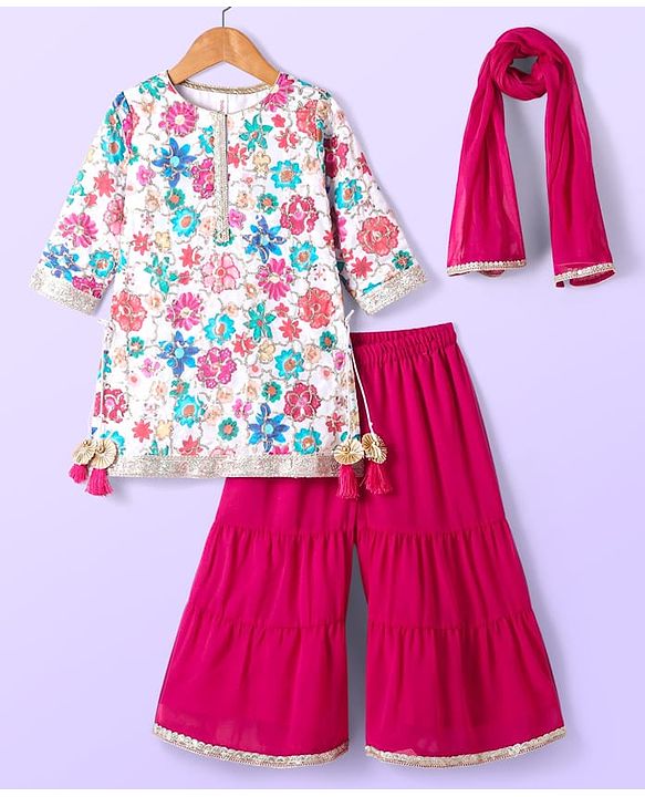 Babyhug Woven Three Fourth  Sleeves Floral Printed Kurta Gharara Set with Dupatta & Lace Detailing - Dark Pink