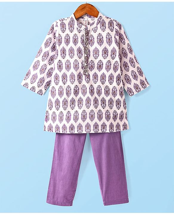 Babyhug Cotton Woven Full Sleeves Floral Printed Kurta Pyjama Set - Lilac