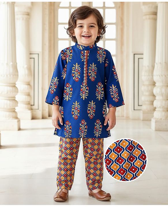 Babyhug Cotton Woven Full Sleeves Floral Printed Kurta Pyjama Set- Blue