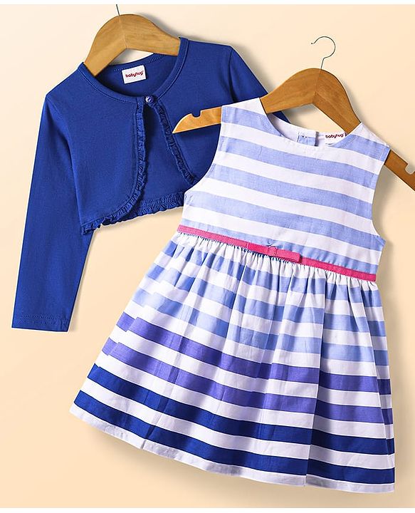 Babyhug Cotton Woven Full Sleeves Solid Shrug & Striped Frock with Bow Applique - Blue