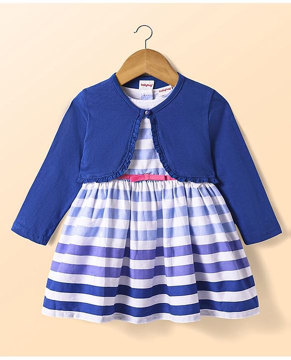Babyhug Cotton Woven Full Sleeves Solid Shrug & Striped Frock with Bow Applique - Blue