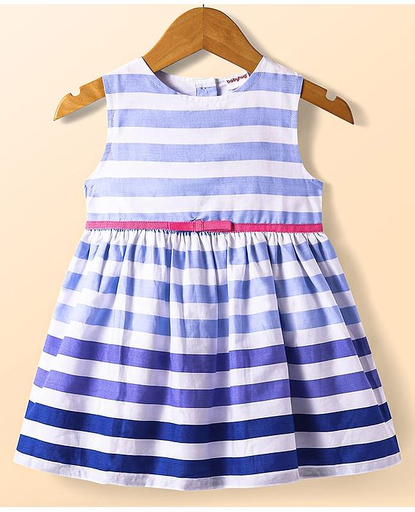Babyhug Cotton Woven Full Sleeves Solid Shrug & Striped Frock with Bow Applique - Blue