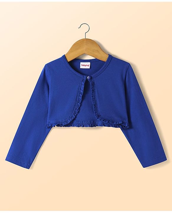 Babyhug Cotton Woven Full Sleeves Solid Shrug & Striped Frock with Bow Applique - Blue