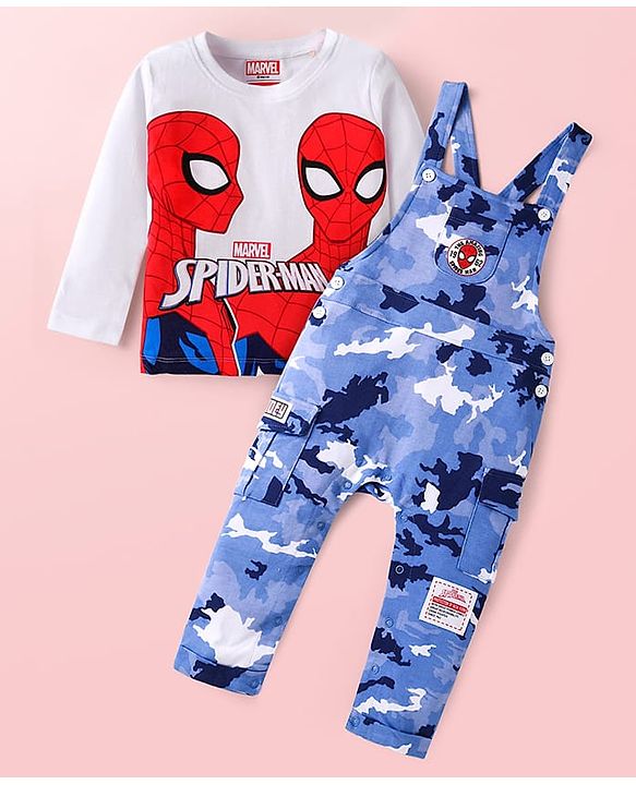 Babyhug Marvel Single Jersey Knit Full Sleeves T-Shirt & Dungaree with Spiderman Graphics - Red & Blue