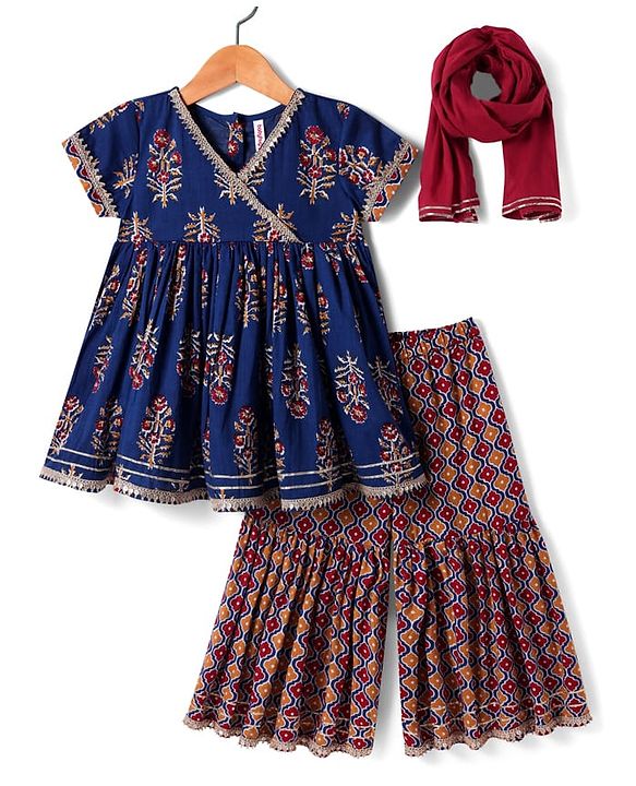 Babyhug Cotton Woven Half Sleeves Floral Printed  Kurti Gharara Set with Dupatta - Navy