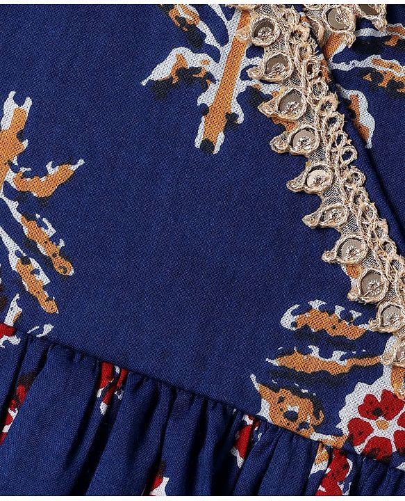 Babyhug Cotton Woven Half Sleeves Floral Printed  Kurti Gharara Set with Dupatta - Navy