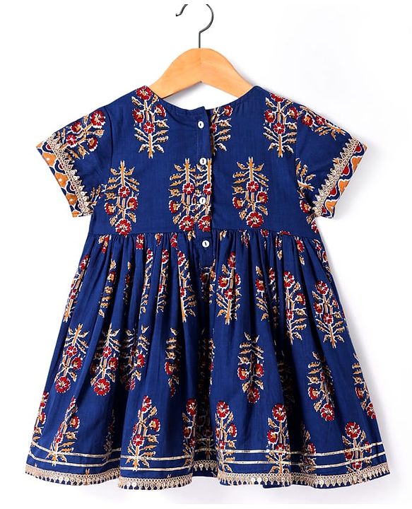 Babyhug Cotton Woven Half Sleeves Floral Printed  Kurti Gharara Set with Dupatta - Navy