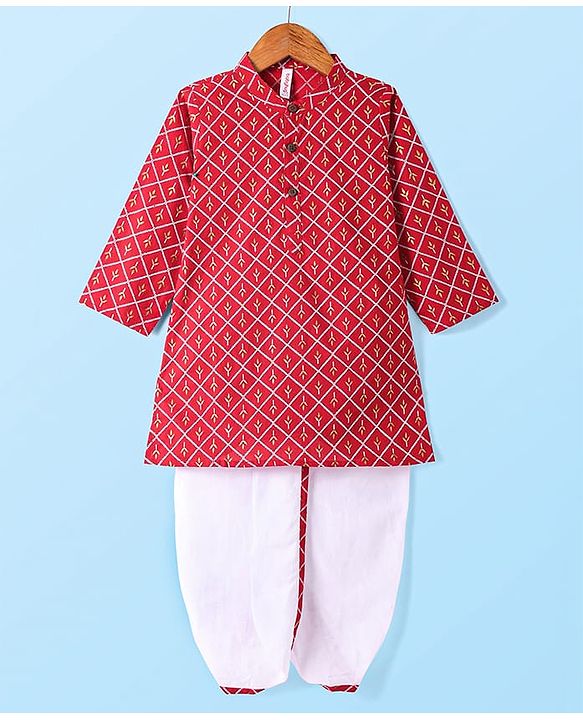 Babyhug Cotton Woven Full Sleeves Foil Printed Kurta Dhoti Set - Red