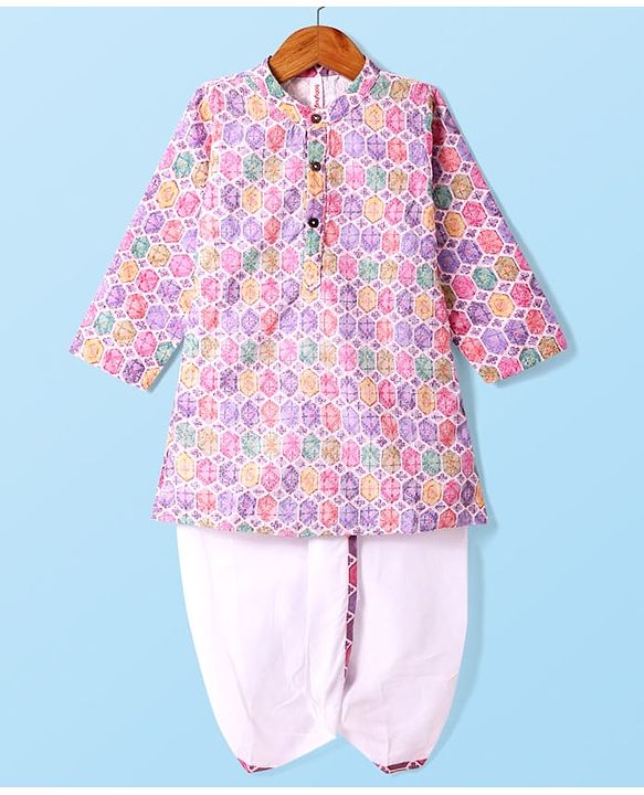 Babyhug Cotton Woven Cambric  Schiffly Embroidered Full Sleeves  Dhoti Kurta Set - Pink & White
