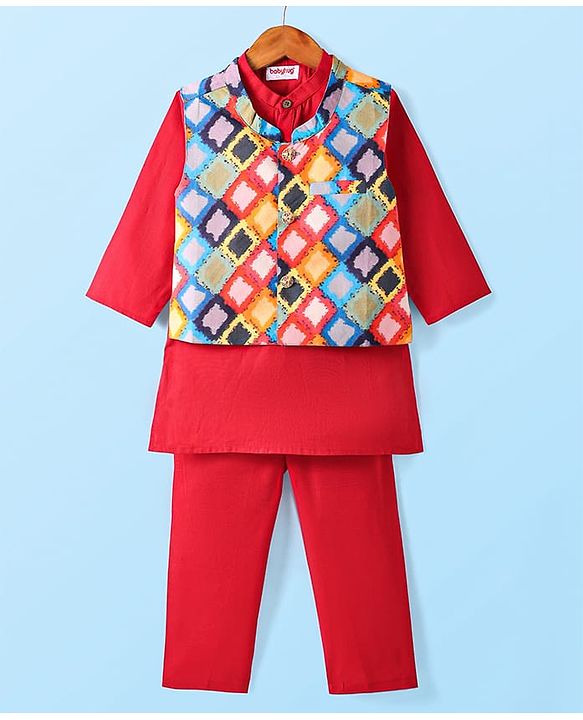 Babyhug Cambric Woven Full Sleeves Solid Color Kurta Pyjama Set with Printed Jacket - Red