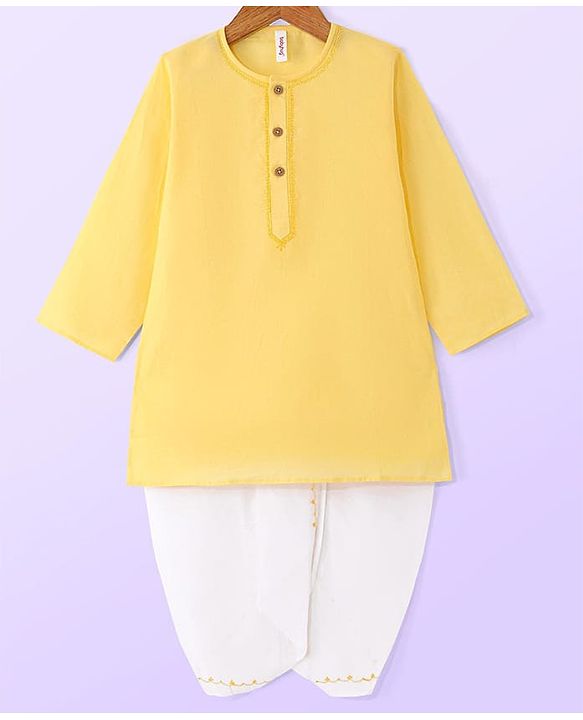 Babyhug Cambric Woven Full Sleeves Embroidery Kurta & Dhoti Set - Yellow