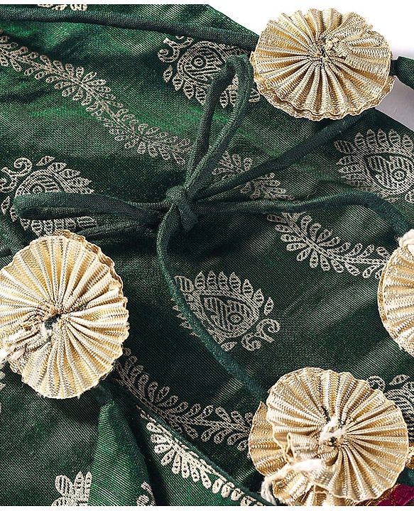 Babyhug Brocade Woven Three Fourth Sleeves Printed Choli Lehenga & Dupatta Set with Sequin Detailing - Dark Green