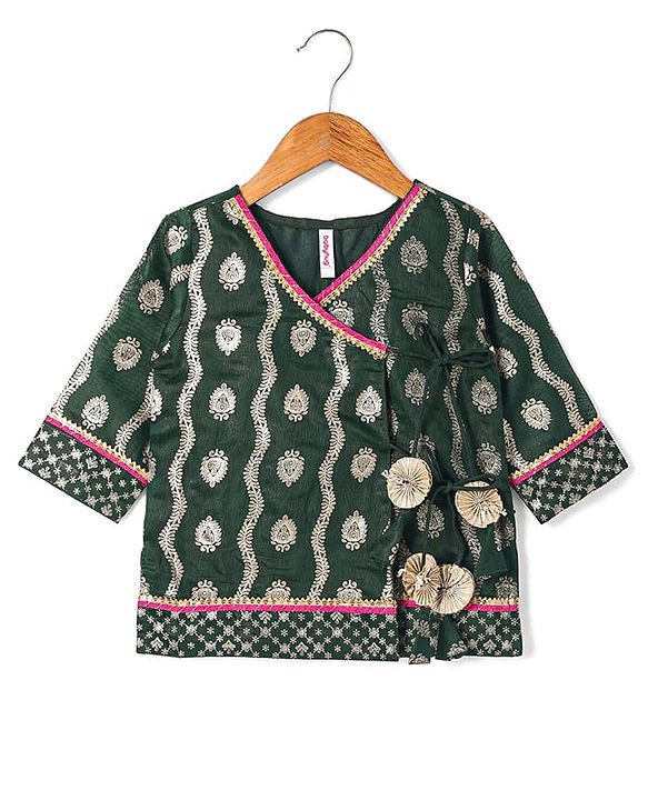Babyhug Brocade Woven Three Fourth Sleeves Printed Choli Lehenga & Dupatta Set with Sequin Detailing - Dark Green