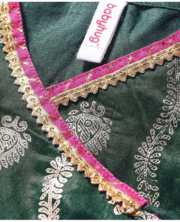 Babyhug Brocade Woven Three Fourth Sleeves Printed Choli Lehenga & Dupatta Set with Sequin Detailing - Dark Green
