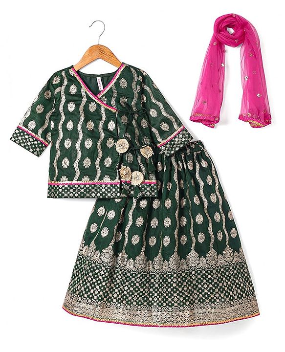 Babyhug Brocade Woven Three Fourth Sleeves Printed Choli Lehenga & Dupatta Set with Sequin Detailing - Dark Green