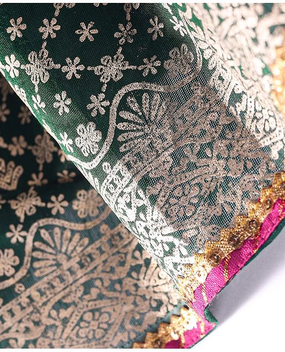 Babyhug Brocade Woven Three Fourth Sleeves Printed Choli Lehenga & Dupatta Set with Sequin Detailing - Dark Green