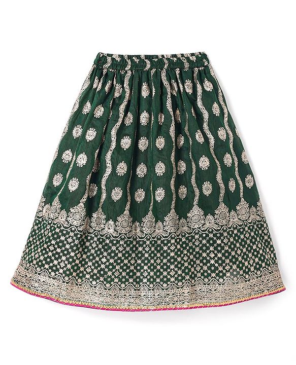 Babyhug Brocade Woven Three Fourth Sleeves Printed Choli Lehenga & Dupatta Set with Sequin Detailing - Dark Green