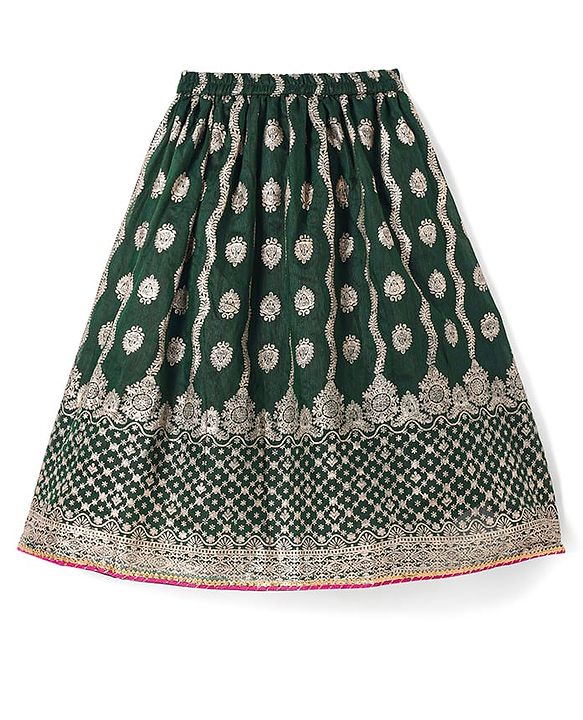 Babyhug Brocade Woven Three Fourth Sleeves Printed Choli Lehenga & Dupatta Set with Sequin Detailing - Dark Green