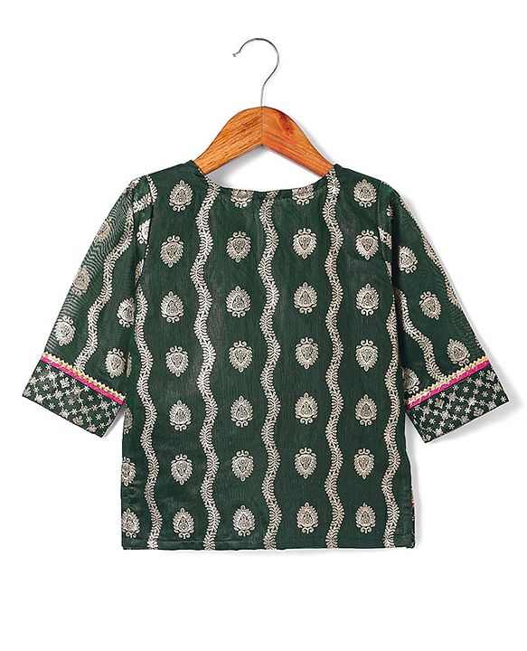 Babyhug Brocade Woven Three Fourth Sleeves Printed Choli Lehenga & Dupatta Set with Sequin Detailing - Dark Green
