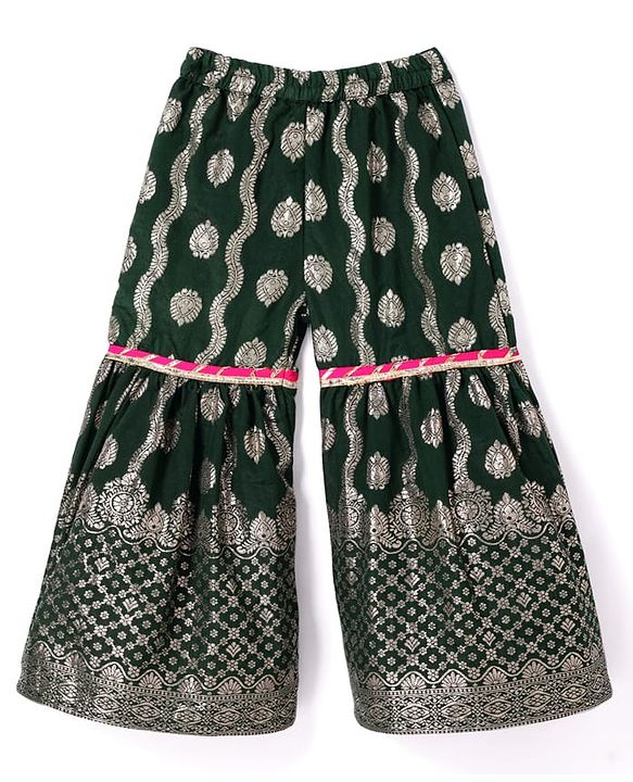 Babyhug Woven Three Fourth Sleeves Brocade Kurti Gharara & Dupatta Set with Lace Detailing - Dark Green