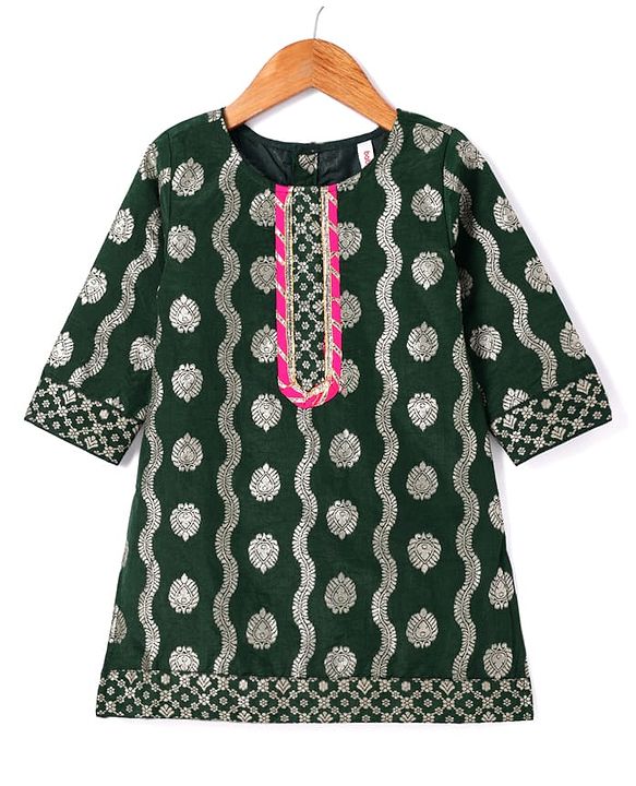 Babyhug Woven Three Fourth Sleeves Brocade Kurti Gharara & Dupatta Set with Lace Detailing - Dark Green