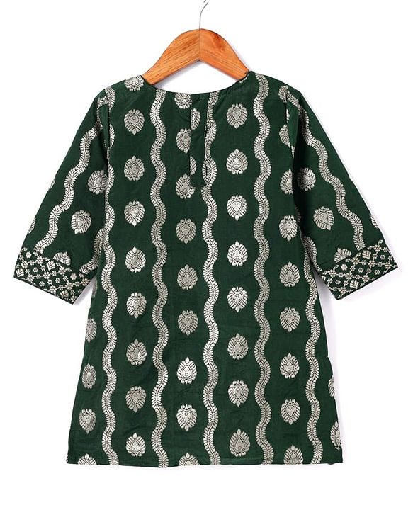 Babyhug Woven Three Fourth Sleeves Brocade Kurti Gharara & Dupatta Set with Lace Detailing - Dark Green