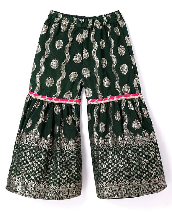 Babyhug Woven Three Fourth Sleeves Brocade Kurti Gharara & Dupatta Set with Lace Detailing - Dark Green