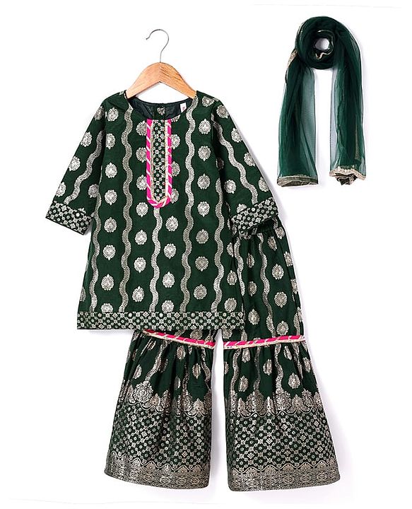 Babyhug Woven Three Fourth Sleeves Brocade Kurti Gharara & Dupatta Set with Lace Detailing - Dark Green