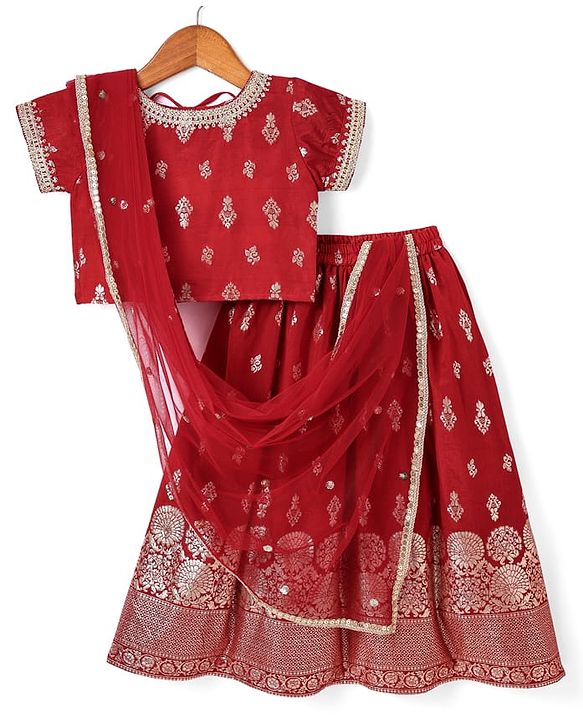 Babyhug Woven Half Sleeves Brocade Lehenga Choli & Dupatta Set with Sequin Detailing - Maroon