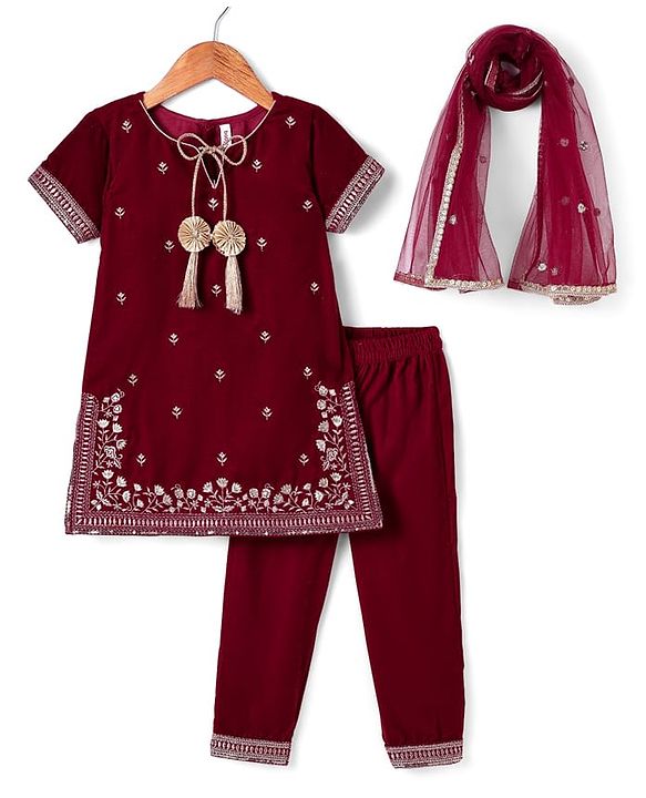 Babyhug Woven Half Sleeves Velvet Embroidered Kurti Churidar & Dupatta Set - Dark Red