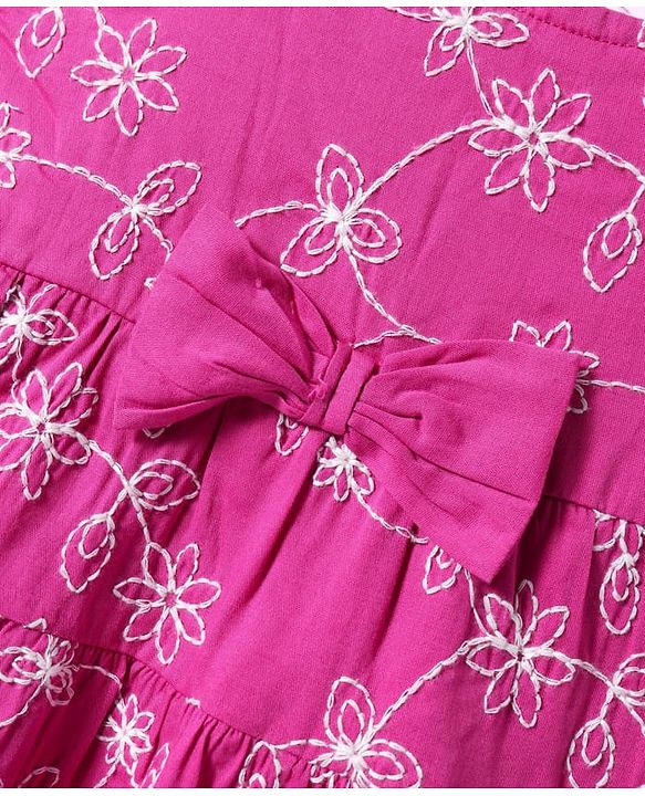 Babyhug Cotton Woven Floral Embroidered Frock with Full Sleeves T-Shirt & Bow Applique - Dark Pink