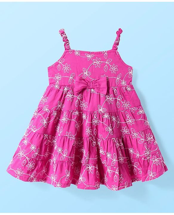 Babyhug Cotton Woven Floral Embroidered Frock with Full Sleeves T-Shirt & Bow Applique - Dark Pink