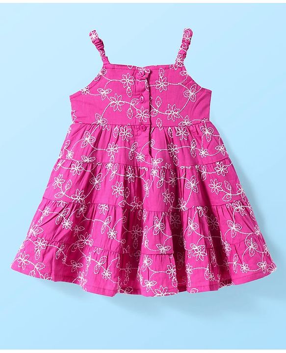 Babyhug Cotton Woven Floral Embroidered Frock with Full Sleeves T-Shirt & Bow Applique - Dark Pink