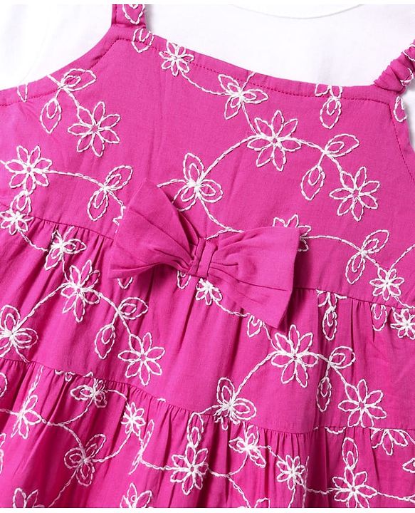 Babyhug Cotton Woven Floral Embroidered Frock with Full Sleeves T-Shirt & Bow Applique - Dark Pink