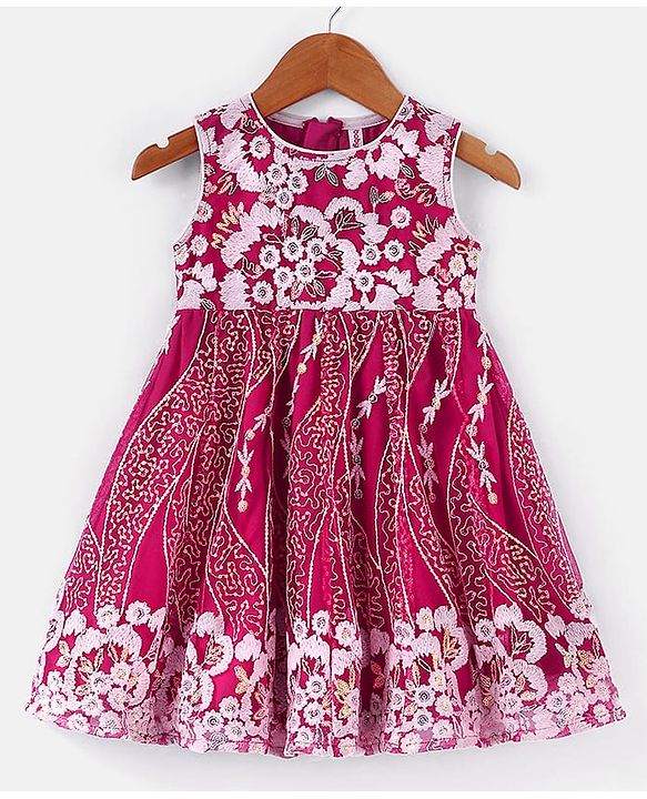 Babyhug  Woven Sleeveless Floral Embroidered Ethnic Dress with Sequin Detailing - Dark Pink