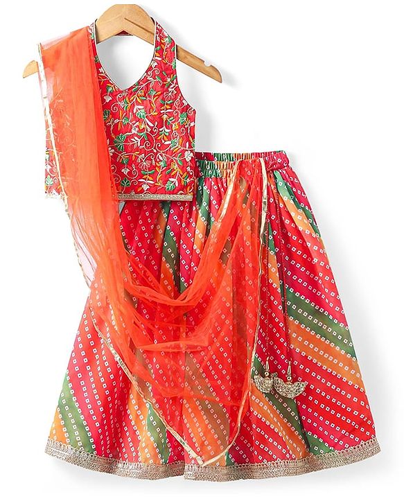 Babyhug Woven Sleeveless Floral Embroidered Choli Lehenga & Dupatta Set with Bandhani Print & Tassle Detailing - Red