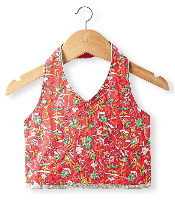 Babyhug Woven Sleeveless Floral Embroidered Choli Lehenga & Dupatta Set with Bandhani Print & Tassle Detailing - Red