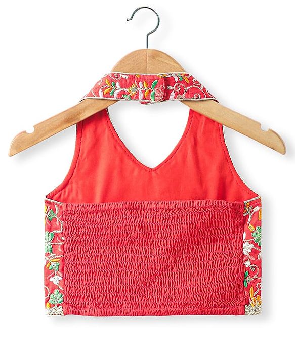 Babyhug Woven Sleeveless Floral Embroidered Choli Lehenga & Dupatta Set with Bandhani Print & Tassle Detailing - Red