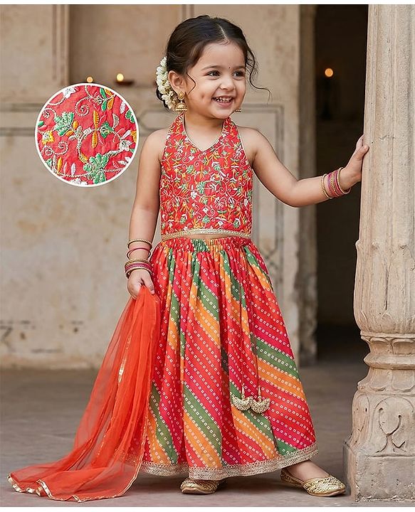 Babyhug Woven Sleeveless Floral Embroidered Choli Lehenga & Dupatta Set with Bandhani Print & Tassle Detailing - Red