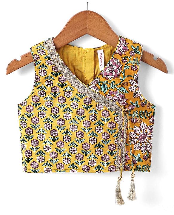 Babyhug Woven Sleeveless Floral Printed & Lace Detailing Lehenga Choli Set With Dupatta - Yellow