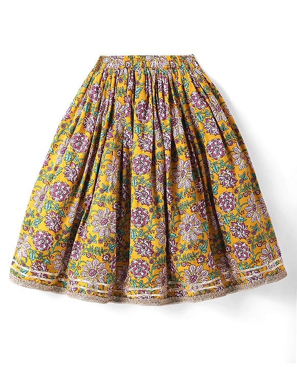 Babyhug Woven Sleeveless Floral Printed & Lace Detailing Lehenga Choli Set With Dupatta - Yellow