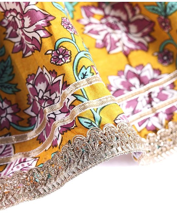 Babyhug Woven Sleeveless Floral Printed & Lace Detailing Lehenga Choli Set With Dupatta - Yellow