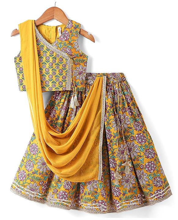 Babyhug Woven Sleeveless Floral Printed & Lace Detailing Lehenga Choli Set With Dupatta - Yellow