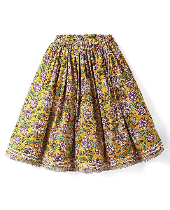 Babyhug Woven Sleeveless Floral Printed & Lace Detailing Lehenga Choli Set With Dupatta - Yellow