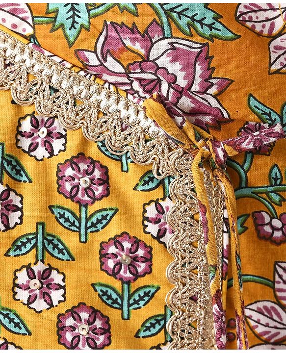 Babyhug Woven Sleeveless Floral Printed & Lace Detailing Lehenga Choli Set With Dupatta - Yellow